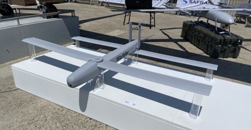 A Safran Warbler loitering munition, displayed at the 2025 Paris Air Show.