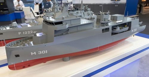 A model of the Next Generation Mine Countermeasures vessel for the Turkish Navy on display at IDEF 2025.
