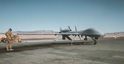 A US Army MQ-1C Gray Eagle prepares for take-off on November 2019 at the Air Combat Element landing strip at Twentynine Palms, California.