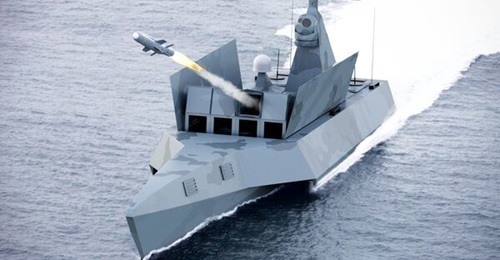 Computer-generated imagery of the surface-launched Sea Venom being fired from a USV platform.