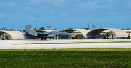 A Republic of Singapore Air Force (RSAF) F-15SG taxies at Andersen Air Force Base, Guam, in May 2021. The RSAF has been deploying fighter aircraft to Guam for rotational training since 2017.