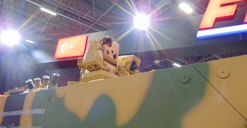 Aselsan's Sahin 130/40GL hard-kill system mounted on an FNSS Pars Scout 6×6 displayed at IDEF 2025.