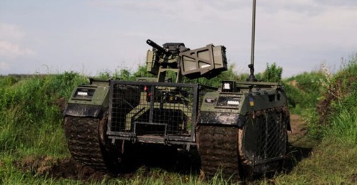 A Buria RWS mounted on a Milrem Robotics THeMIS UGV, with the system revealed on 12 August 2025.