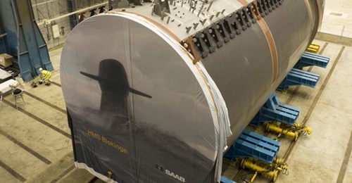 A hull section of the first of Sweden's A26 Blekinge-class submarines, at the vessel's keel-laying ceremony on 30 June 2022.