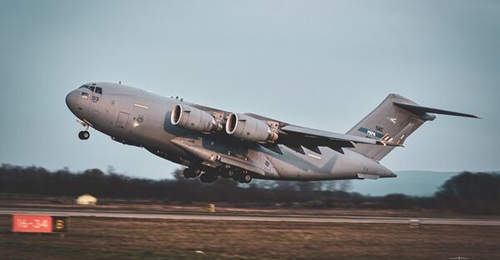 A C-17 of the multilateral SAC Heavy Airlift Wing takes off from the SAC's centre of operations at Pápa Air Base in Hungary.