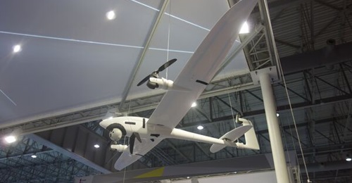 Quantum-Systems Vector tiltrotor fixed-wing eVTOL unmanned aerial vehicle by ESG at the Dubai Airshow 2021.