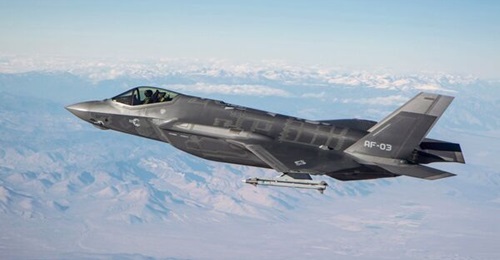A US Air Force F-35A seen carrying an AIM-9X missile on its external outboard pylon during trials. The NSPA has been approved to buy 96 missiles on behalf of NATO members Belgium, Italy, and Romania.