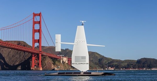 A Saildrone Surveyor USV operates near the Golden Gate Bridge in San Francisco.