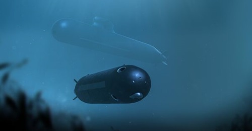 A concept graphic of Saab's planned LUUV in front of a future Blekinge (A26)-class submarine.