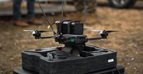 A Neros Archer first-person view drone sits on a case during a demonstration at Weapons Training Battalion on Marine Corps Base Quantico, Virginia, on 7 March 2025.