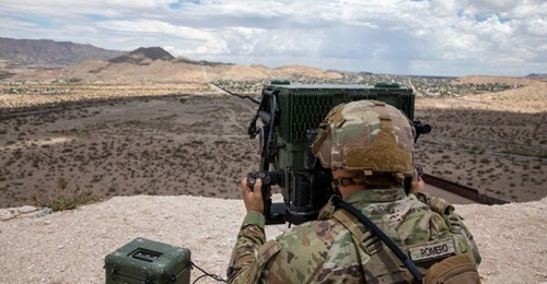 A US soldier with 1st Battalion, 41st Infantry Regiment, 2nd Stryker Brigade Combat Team, 4th Infantry Division, operating the LRAS3 along the US-Mexico border.