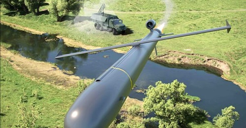 A concept graphic of MBDA's Crossbow one-way effector (heavy) after launch from vehicle rails.