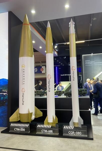 Hanwha's CGR-080, CTM-290, and CTM-MR guided rockets for its Chunmoo MRLs, displayed at MSPO 2025.