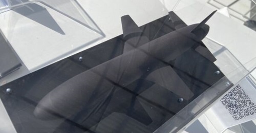 A model of Ukraine's so-called 'new' Palyanitsya drone missile, unveiled by Ukroboronprom at MSPO 2025.