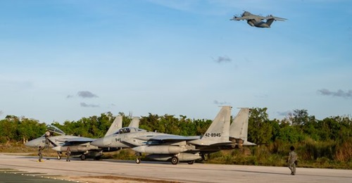 JASDF F-15J Eagles prepare for operations at Andersen Air Force Base in Guam in February 2024 during Exercise 'Cope North 24'. JASDF F-15 units frequently participate in international deployments.