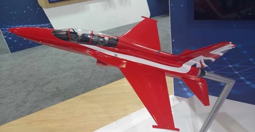 Sporting the colours of the RAF's Red Arrows display team, a model of the TF-50 was showcased at the DSEI 2025 event in London.
