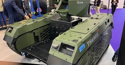 A Milrem Robotics THeMIS UGV, which MARSS has been using to test with its autonomous mission management software, displayed at DSEI 2025.