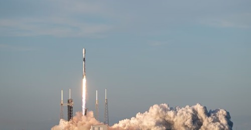 A SpaceX Falcon 9 rocket launches from Space Launch Complex 40 at Cape Canaveral Space Force Station, Florida, on 14 Feburary 2024.