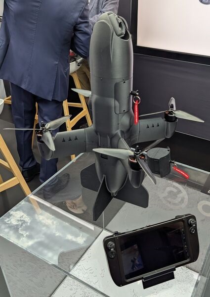 Origin Robotics' Blaze autonomous high-explosive C-UAS interceptor, displayed at DSEI 2025.