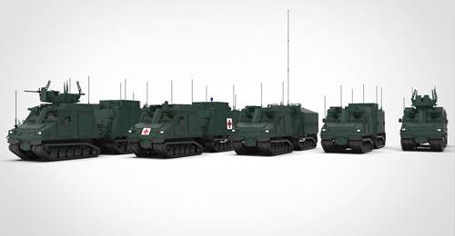 Sweden, Germany, and the UK are jointly procuring BvS10s from BAE Systems (left to right: troop transport, medical evacuation, logistics, command-and-control, and recovery versions).