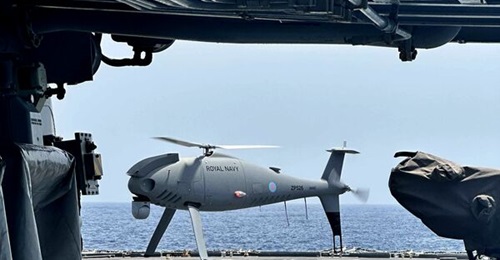 A Peregrine UAS (based on Schiebel's Camcopter S-100) on the flight deck of HMS 
        
         during trials on 29 August 2024.