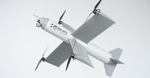 Image of Granata Autonomy's X-Wing loitering munition system, which is a combination of a VTOL and fixed-wing UAS.