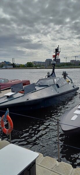 The L3 Harris Shadow Fox USV berthed alongside a jetty at DSEI 2025.