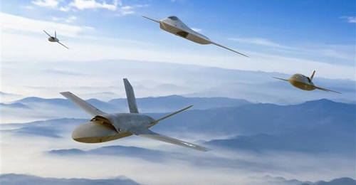 An artistic image of notional Collaborative Combat Aircraft. Pratt & Whitney is modifying its PW500 turbofan engines to meet CCA propulsion requirements.