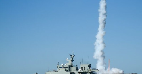 A Hunter-02 rocket being test-launched from the Portuguese Navy Viana Do Castelo (NPO 2000)-class OPV 
        
        (P 361).