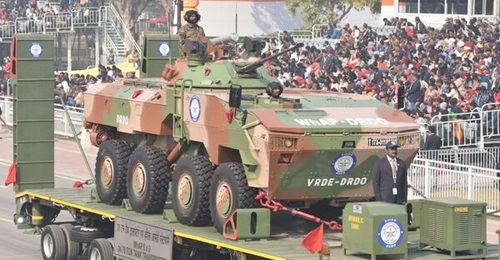 A Tata Advanced Systems Ltd 8×8 Wheeled Armoured Platform with an improved BMP-2 turret during rehearsals for India's Republic Day parade on 23 January 2023.
