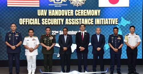 One of the 14 Aerobo Wing AS-VT02A UAVs that have been donated by Japan to Malaysia is seen here at the handover ceremony on 22 September 2025.