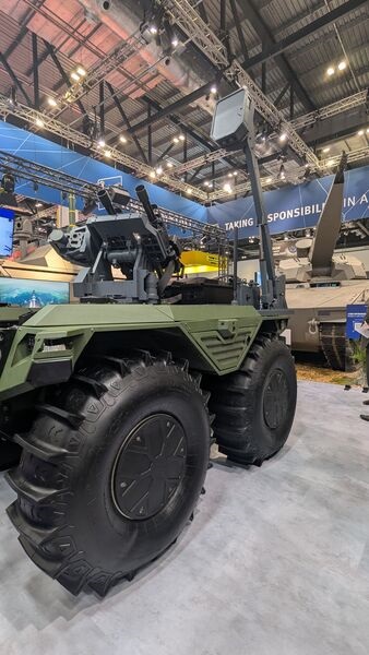 Rheinmetall's Mission Master CXT equipped with Oerlikon Skyranger 762 RWS showcased at DSEI 2025.