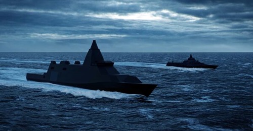 A concept graphic of the possible look of Sweden's future Luleå-class corvette (left), released by Saab in May 2024.