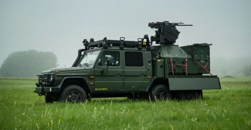 The Trackfire remote weapon station, which is part of Loke C-UAS, on a Swedish TGB15 vehicle, in a photo released in September 2025.