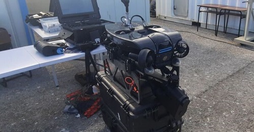 Deep Trekker Revolution ROV at Exercise 'Dynamic Messenger/REPMUS 25'. The Viper mine disruption system is deployed underneath the front of the ROV.