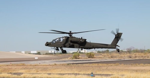 The Australian Army's first Apache (AT001) conducts its first flight in Mesa, Arizona, earlier in 2025.