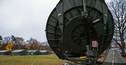 An image of the British Army's key satellite communications Reacher Large mobile X-band satellite ground terminal from 16 November 2021.