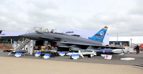 A Eurofighter Tranche 5 seen with representative weapons at ILA 2024 in Berlin. Germany has now approved the procurement of 20 such aircraft that was announced at the event, as well as their upgrade to the Eurofighter EK standard.