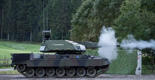 A Leopard 1 armoured vehicle with an SR35 turret at a live firing demonstration at Rheinmetall's Ochsenboden range in Switzerland on 19 September 2024.