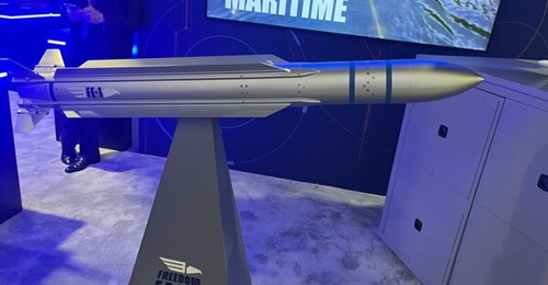 BlueHalo displayed the Freedom Eagle next-generation counter-unmanned aircraft system missile in April 2025 at the Sea Air Space conference.