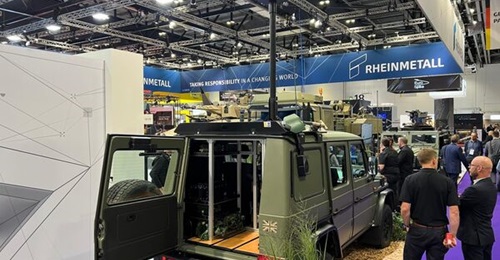 L3 Harris' Corvus EW system integrated onto a Rheinmetall 4×4 vehicle at DSEI 2025.