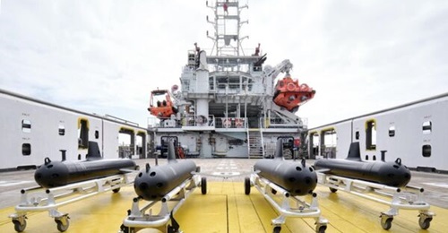 Four SG-1 Fathom UUVs, developed through a partnership between Helsing and Blue Ocean.