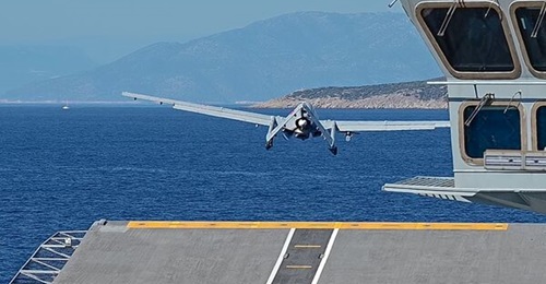 A Turkish TB3 UAS takes off from the TCG 
        
         landing helicopter dock aircraft carrier during Exercise 'Deniz Kurdu' in October.