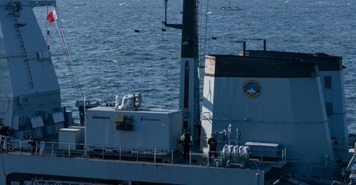 The Rheinmetall and MBDA laser demonstrator pictured during sea trials on the Type 124-class frigate 
        
        .