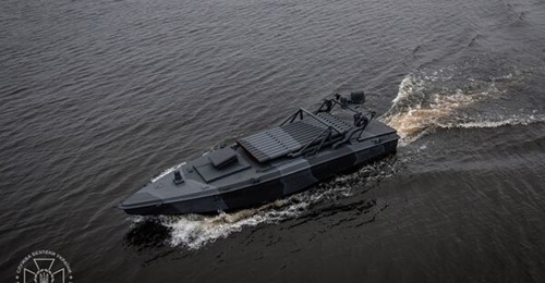 The MRL variant of the Sea Baby USV, as unveiled by the Security Service of Ukraine, showing the launcher in the lowered position.
