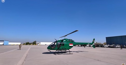 A Bell 505 helicopter takes off from Taji Air Base with General Abdul Amir Yarallah aboard.
