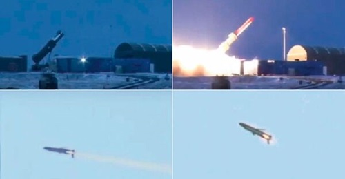 A montage of images taken from video footage purporting to show Russia's Burevestnik nuclear-powered cruise missile being launched and in flight during an earlier test.