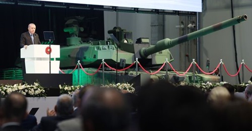 Turkish President Recep Tayyip Erdogan attends the ceremony for the opening of the BMC Ankara tank and new-generation armoured vehicles production facility and the first delivery of new Altay tanks at Kahramankazan district, Ankara, on 28 October 2025.