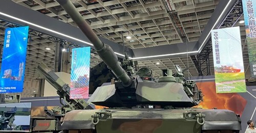 Taiwan's M1A2T is displayed at Taipei Aerospace & Defense Technology Exhibition 2025.