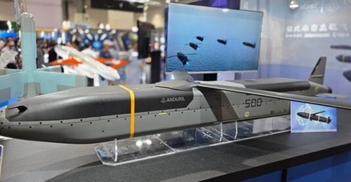 The Barracuda-500, a cruise missile designed by Anduril, displayed at the Taipei Aerospace & Defense Technology Exhibition 2025.
